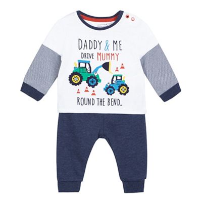 bluezoo Baby boys' white digger applique top and blue jogging bottoms set